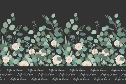 Elegant seamless pattern with silver dollar eucalyptus branches and roses on Stock Illustration