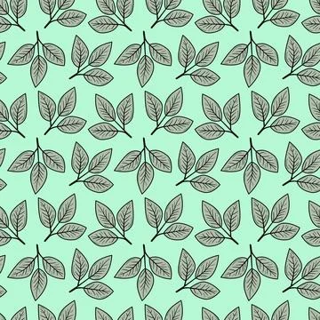Elegant seamless pattern of stylized leaves on a mint green background.  Perf Stock Illustration