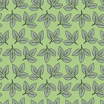 Elegant seamless pattern of stylized leaves on a muted green background.  Per Stock Illustration