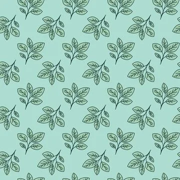Elegant seamless pattern of stylized leaves on a soft teal background. This v Stock Illustration