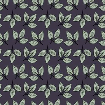 Elegant seamless pattern of stylized leaves on a deep purple background.  Per Stock Illustration