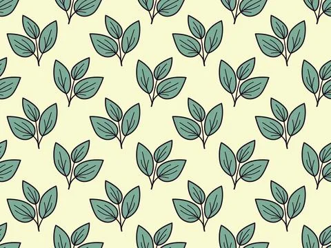 Elegant seamless pattern of stylized teal leaves on a pale yellow backgroun.. Stock Illustration