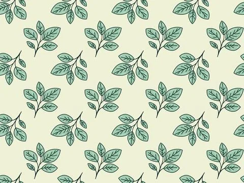 Elegant seamless pattern of stylized teal leaves on a pale yellow backgroun.. Stock Illustration
