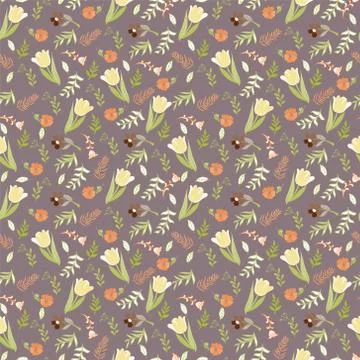Elegant seamless pattern with tulips and wild flowers Stock Illustration