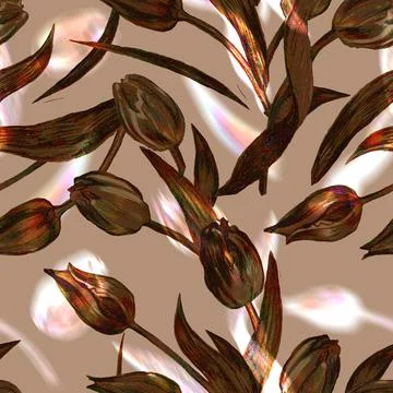 Elegant seamless pattern with tulips silhouettes on brown beige. Stock Illustration