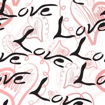 Elegant seamless pattern with word love and decorative hearts, design element Stock Illustration