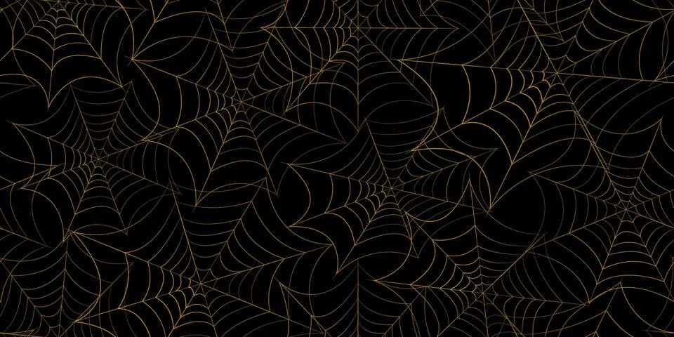 Elegant seamless spider web pattern on black background. Golden geometric H.. Stock Illustration