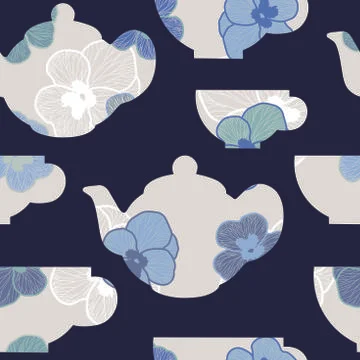 Elegant seamless vector pattern with blue and white teacups and teapots Stock Illustration
