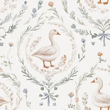 Elegant seamless vector pattern featuring whimsical geese framed in delicate Stock Illustration
