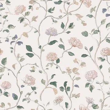 Elegant seamless vector pattern featuring delicate hand-drawn flowers and sof Illustrazione stock