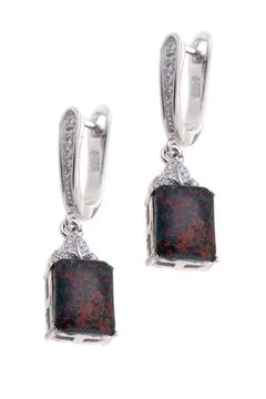 Elegant Silver Drop Earrings with Rectangular Black Opal Stones and Sparkli.. Stock Photos