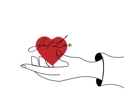 Elegant single line drawing of hand holding red heart with just Stock Illustration