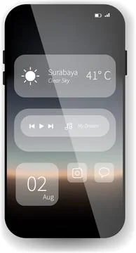 Elegant Smartphone Home Screen Interface With Weather, Music Player, and Ca.. Stock Illustration