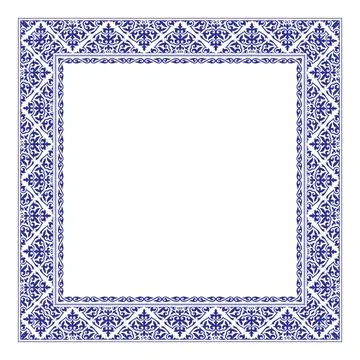 Elegant square frame in blue oriental patterns on a white background. Detailed  イラスト素材