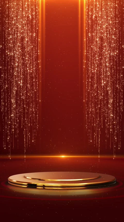 Elegant stage circle gold frame element, 3d golden ball, ribbon glitter light ef Stock Footage 341903041