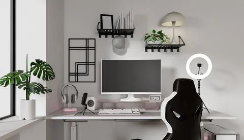 Elegant streaming room setup featuring advanced technology and chic design. 3D イラスト素材