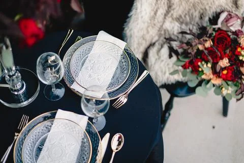 Elegant summer themed table setting for outdoor wedding Stock Photos