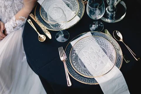 Elegant summer themed table setting for outdoor wedding Stock Photos