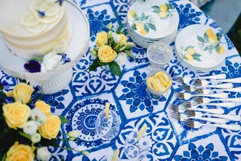 Elegant summer themed table setting for outdoor wedding Stock Photos
