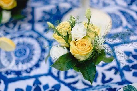 Elegant summer themed table setting for outdoor wedding Stock Photos