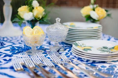 Elegant summer themed table setting for outdoor wedding Stock Photos