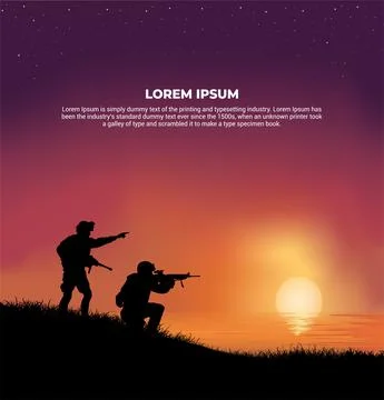 Elegant sunset background vector with soldier holding guns. Stock Illustration