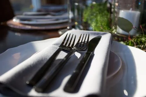 Elegant Table set with focus on a dinner plate, forks and knife on a napkin. Stock Photos