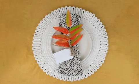 Elegant table setting with decorative leaves for dinner, place for text Stock Photos