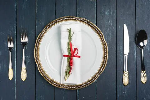 Elegant table setting with festive decor on wooden background Stock Photos