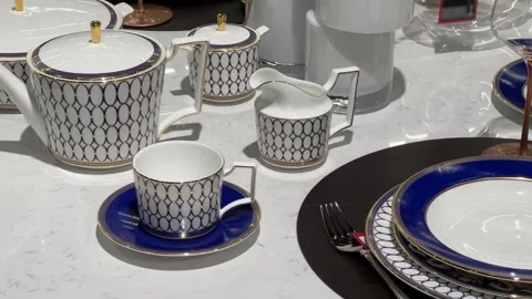 Elegant Table Setting Fine China Dinnerware Porcelain Dishes Cups Saucers Luxury Stock Footage 312481215