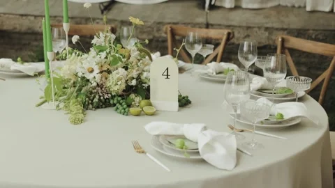 Elegant table setting with flowers for special events and weddings. Decorated Stock Footage 306152053