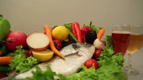 Elegant Table Setting With Fresh Fish And Seasonal Produce Stock Footage 343742005