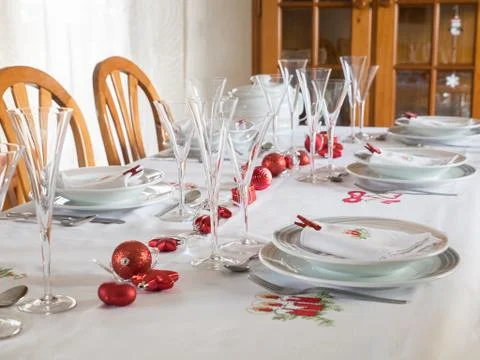 Elegant table setting on light background, Christmas celebration 写真素材