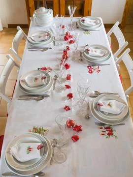 Elegant table setting on light background, top view. Christmas celebration Stock Photos