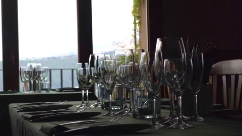 Elegant table setting in luxury restaurant with the view on nature panorama from 스톡 동영상 264770255