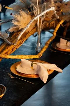 Elegant table setting with plates napkin and decorative branch Stock Photos