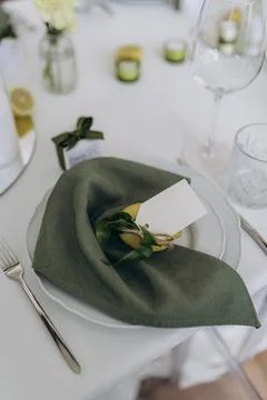 Elegant Table Setting Showcasing Stylish Table Decor with Green Napkin, Lemon Stock Photos
