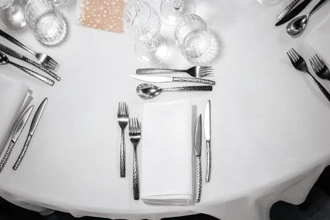 Elegant Table Setting with Silverware and Glassware Stock Photos