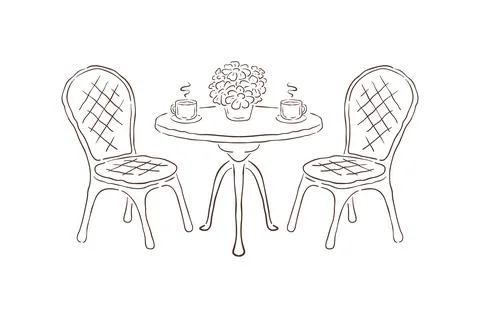 An elegant table for two at a sidewalk cafe or bistro. Features two wicker ch Иллюстрация