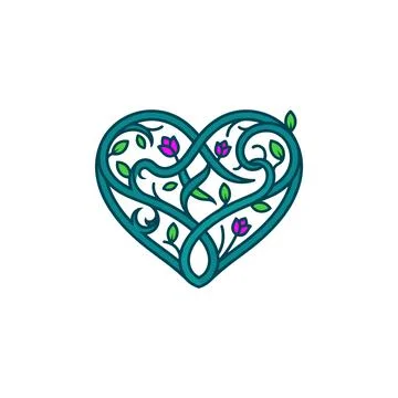 Elegant teal heart shape created by intertwined floral vines with green leave Illustrazione stock