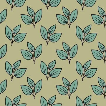 Elegant teal leaf sprigs on a muted green background create a calming, seamle Stock Illustration
