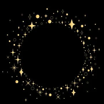 Elegant template with round empty frame of golden stars, sparkles and stardus Ilustração Stock