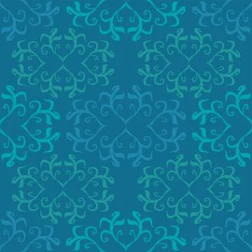 Elegant Turquoise Vector Repeat Pattern With Abstract Swirl Lines In Shades O 스톡 일러스트