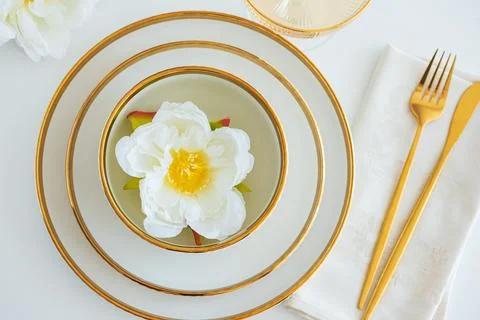 Elegant Universal Table Setting with Gold Details Stock Photos