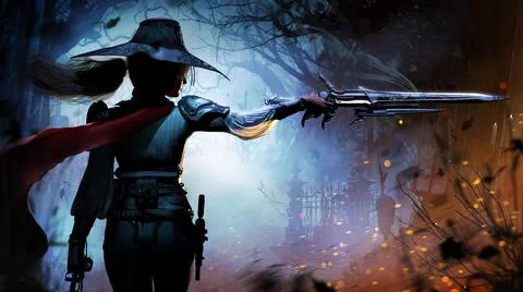 An elegant vampire hunter in a pointed hat aims from her hybrid sword pistol, Stock Illustration