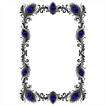 Elegant vector frame decorated with black swirls and blue peacock feathers Иллюстрация