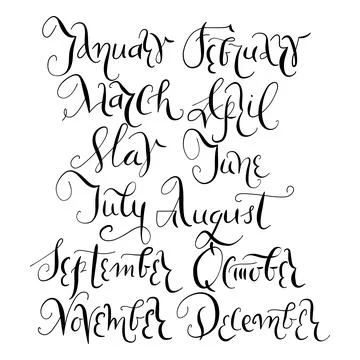 Elegant vector handwritten set of month lettering in cursive ink style, vector Stock Illustration