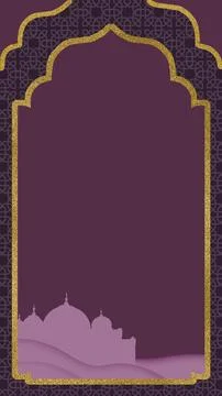 Elegant vertical Islamic background featuring a gold glitter arched frame, .. Illustrazione stock