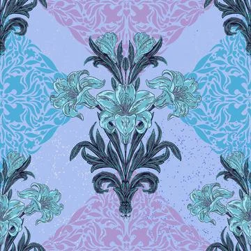 Elegant vintage-inspired seamless pattern featuring stylized lilies surrounde Stockillustratie