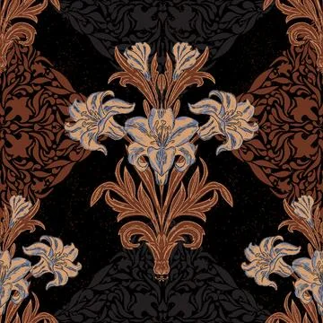 Elegant vintage-inspired seamless pattern featuring stylized lilies surrounde Stock Illustration